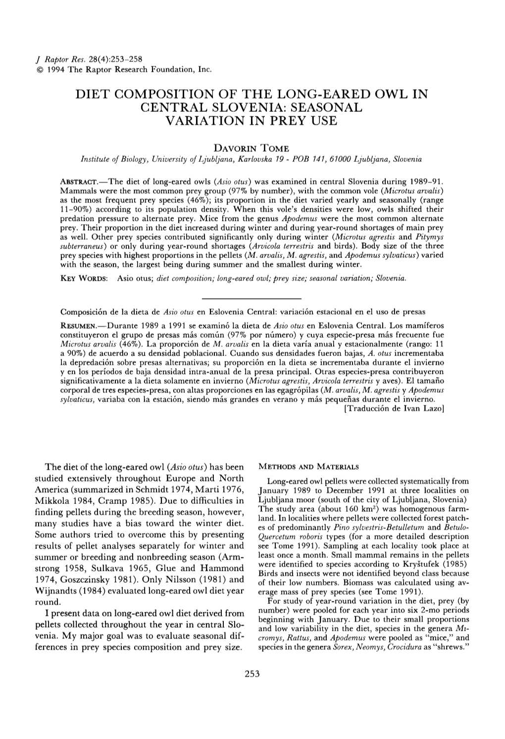 DIET COMPOSITION of the LONG&Hyphen;EARED OWL in CENTRAL SLOVENIA: SEASONAL VARIATION in PREY