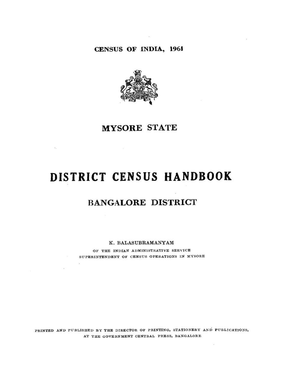 District Census Handbook, Bangalore