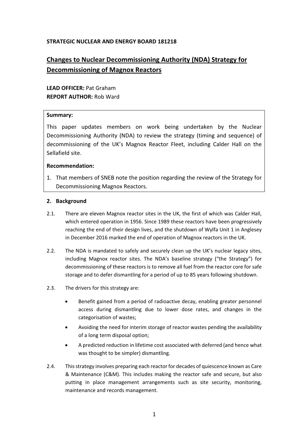 (NDA) Strategy for Decommissioning of Magnox Reactors - DocsLib