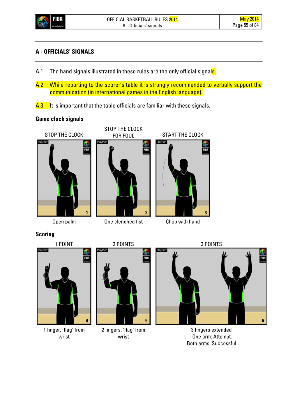 OFFICIALS' SIGNALS A.1 the Hand Signals Illustrated in These Rules Are