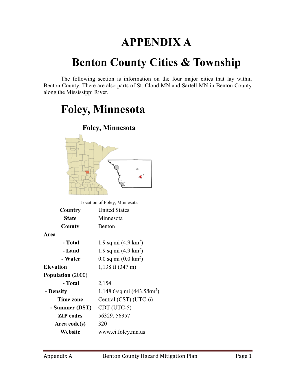 APPENDIX a Benton County Cities & Township Foley, Minnesota