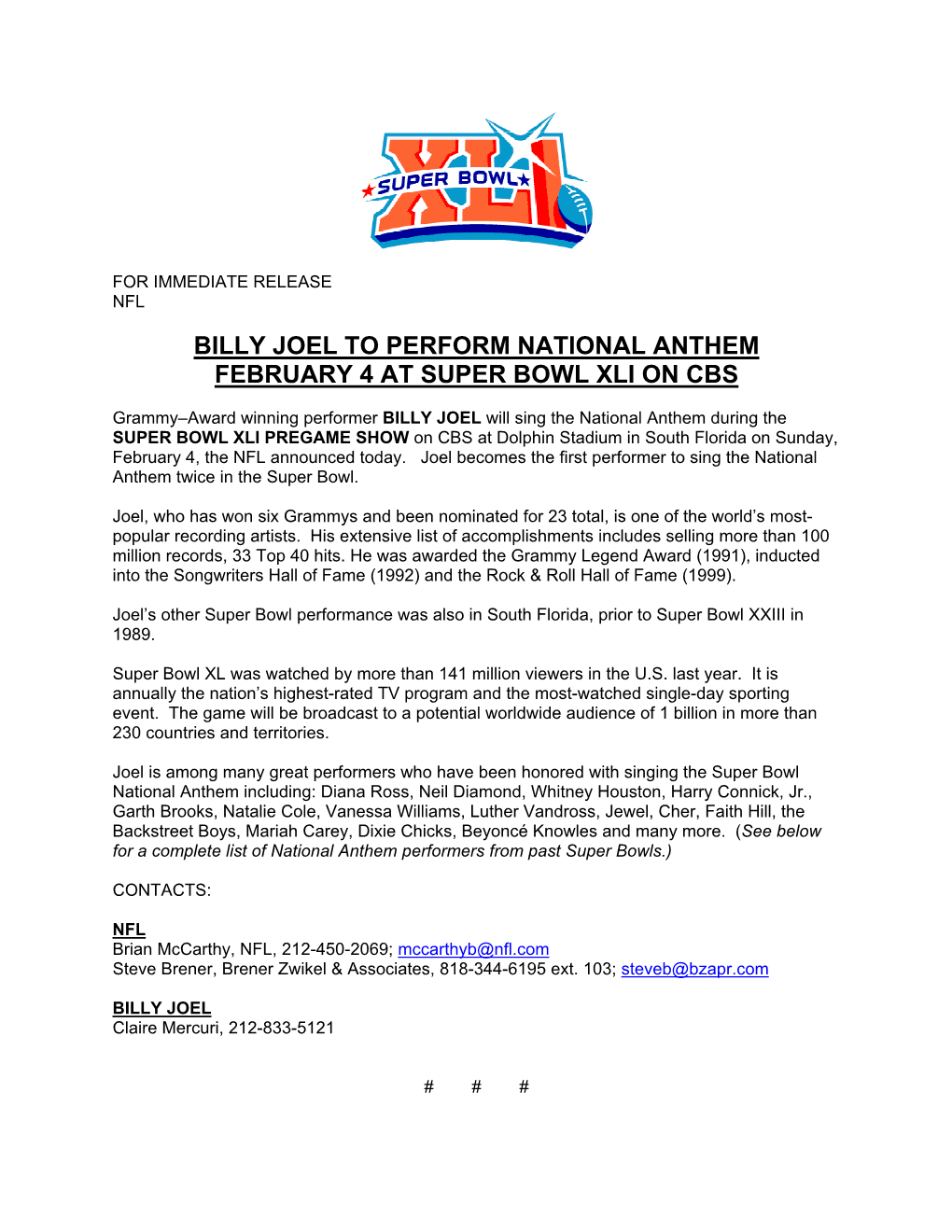 Billy Joel to Perform National Anthem February 4 at Super Bowl Xli on Cbs