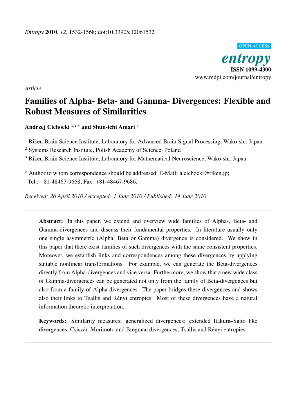 Families of Alpha- Beta- and Gamma- Divergences: Flexible and Robust Measures of Similarities