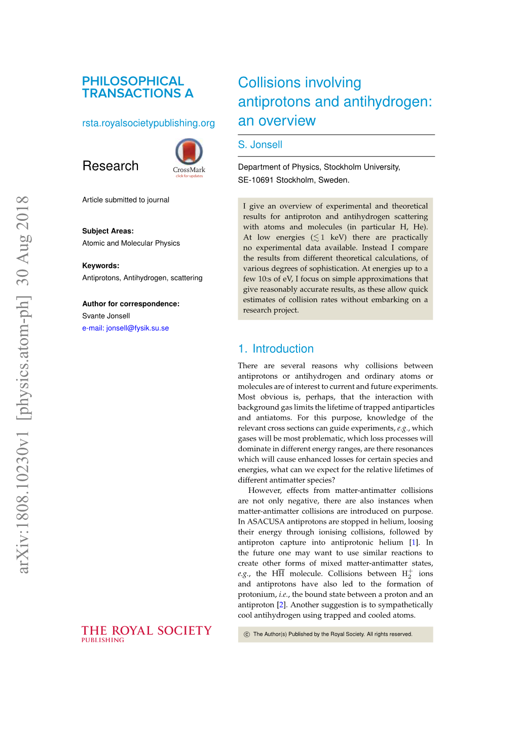 Arxiv:1808.10230V1 [Physics.Atom-Ph] 30 Aug 2018 E.G., the HH Molecule