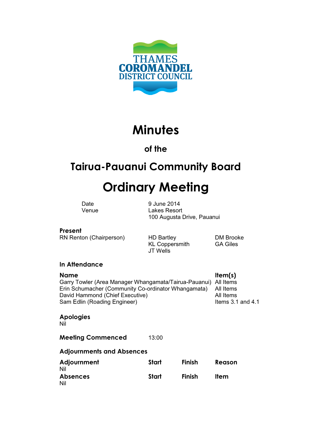 UNCONFIRMED 9 June 2014 Tairua-Pauanui Community Board