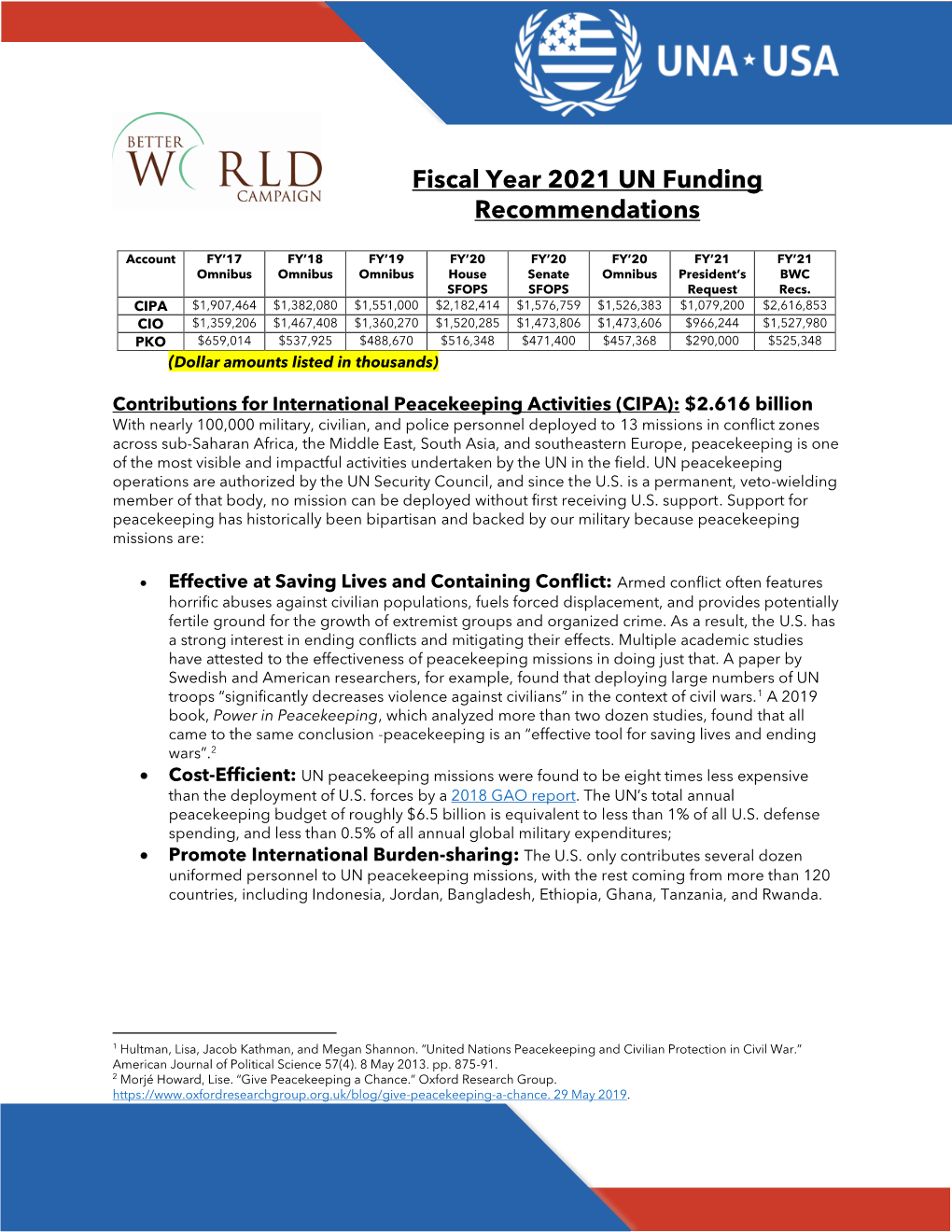 Fiscal Year 2021 UN Funding Recommendations
