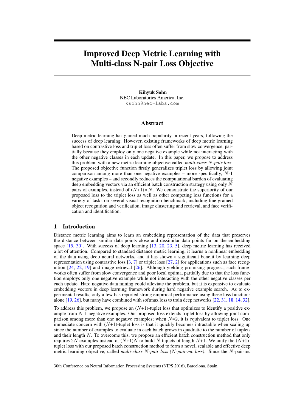 Improved Deep Metric Learning with Multi-Class N-Pair Loss Objective