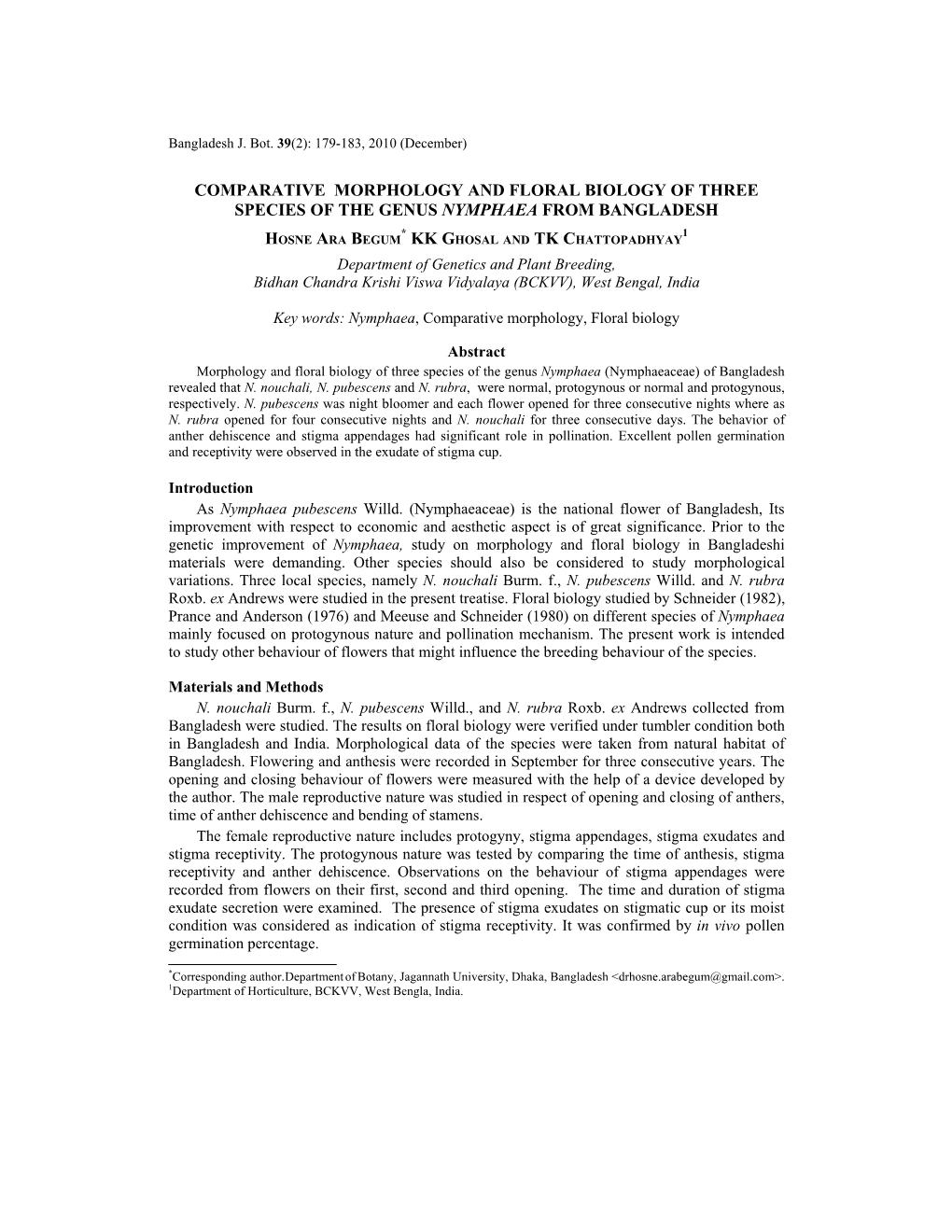 Comparative Morphology and Floral Biology of Three Species of the Genus Nymphaea from Bangladesh