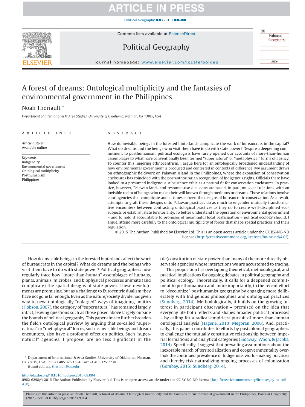 Ontological Multiplicity and the Fantasies of Environmental Government in the Philippines Noah Theriault *