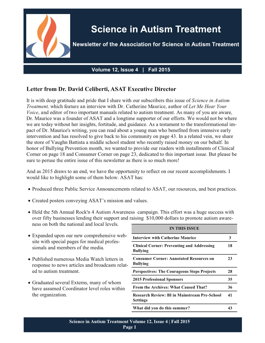 Science in Autism Treatment Newsletter, Fall 2015