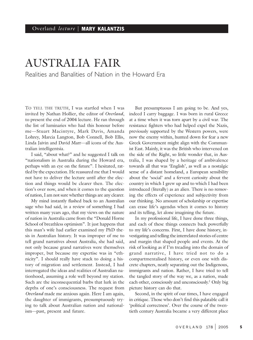 AUSTRALIA FAIR Realities and Banalities of Nation in the Howard Era