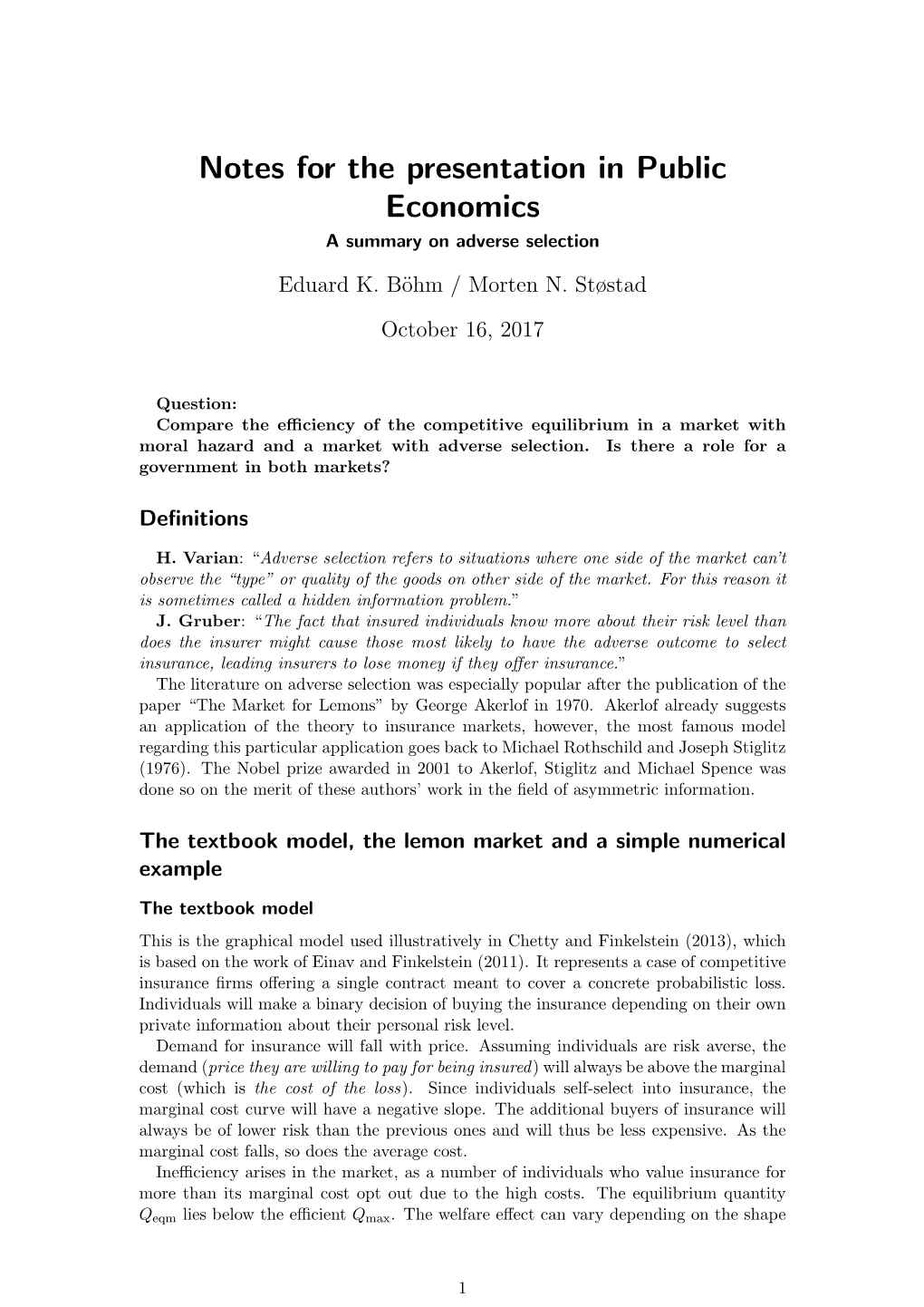 Notes for the Presentation in Public Economics a Summary on Adverse Selection