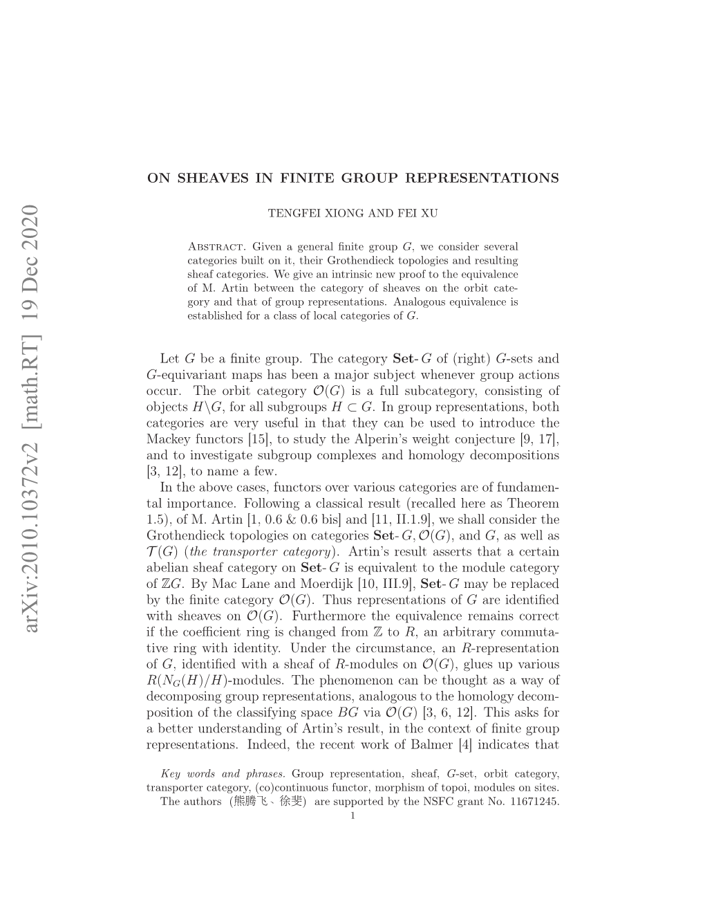 Arxiv:2010.10372V2 [Math.RT] 19 Dec 2020 Cu.Teobtcategory Orbit the Occur