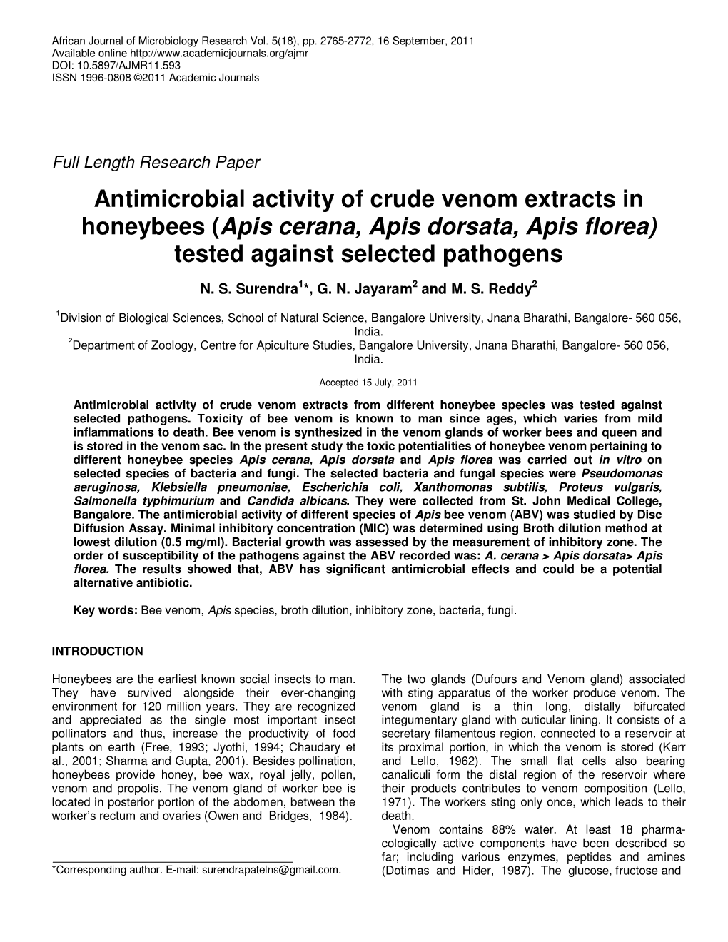 Apis Cerana, Apis Dorsata, Apis Florea) Tested Against Selected Pathogens