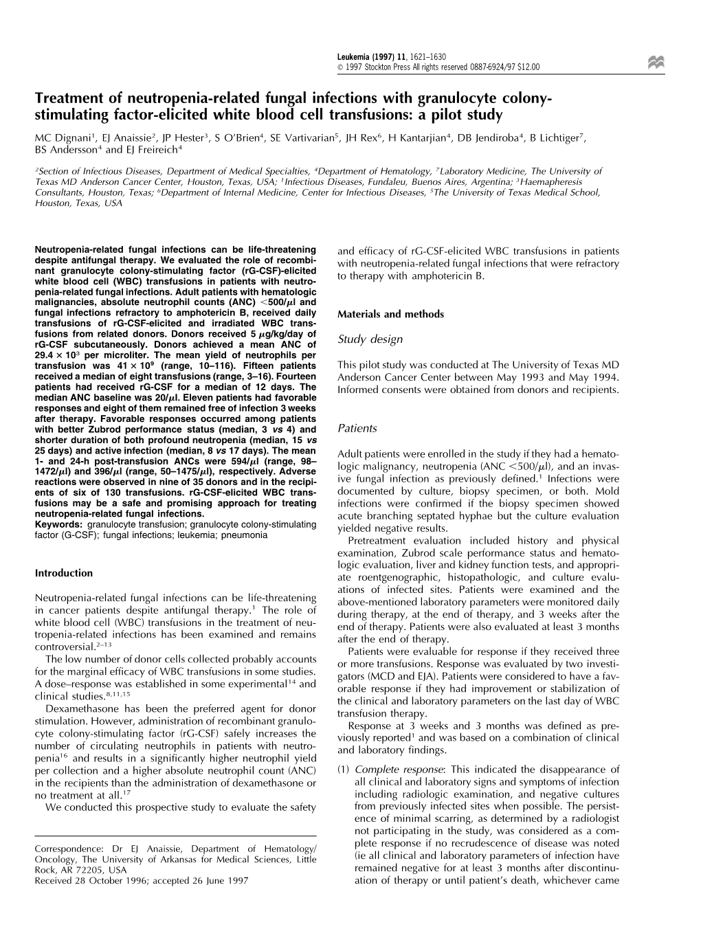 Treatment of Neutropenia-Related Fungal Infections with Granulocyte