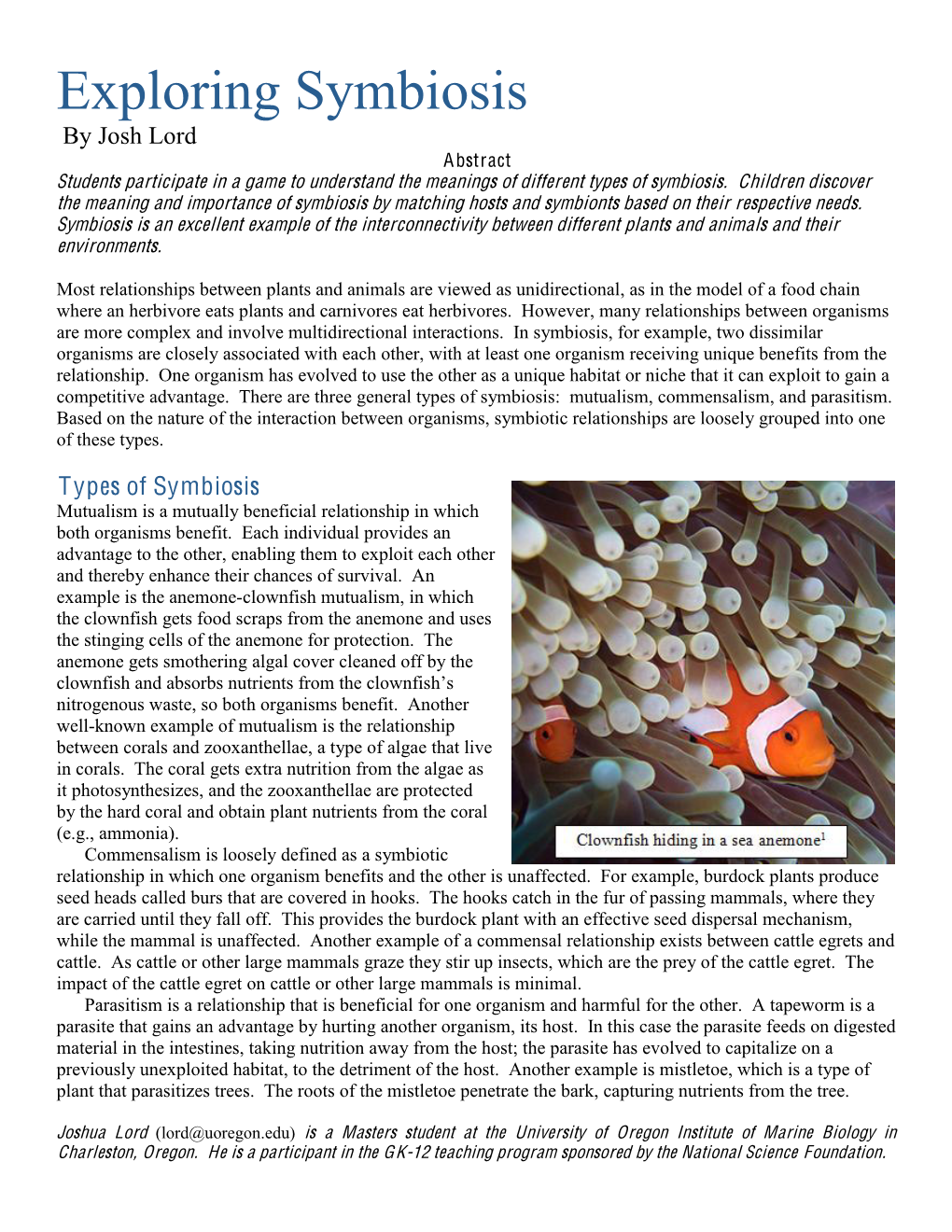 Symbiosis by Josh Lord Abstract Students Participate in a Game to Understand the Meanings of Different Types of Symbiosis