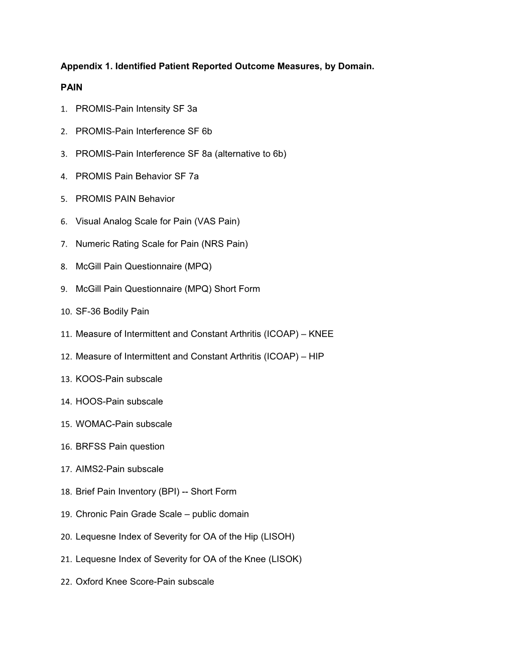 Appendix 1. Identified Patient Reported Outcome Measures, by Domain