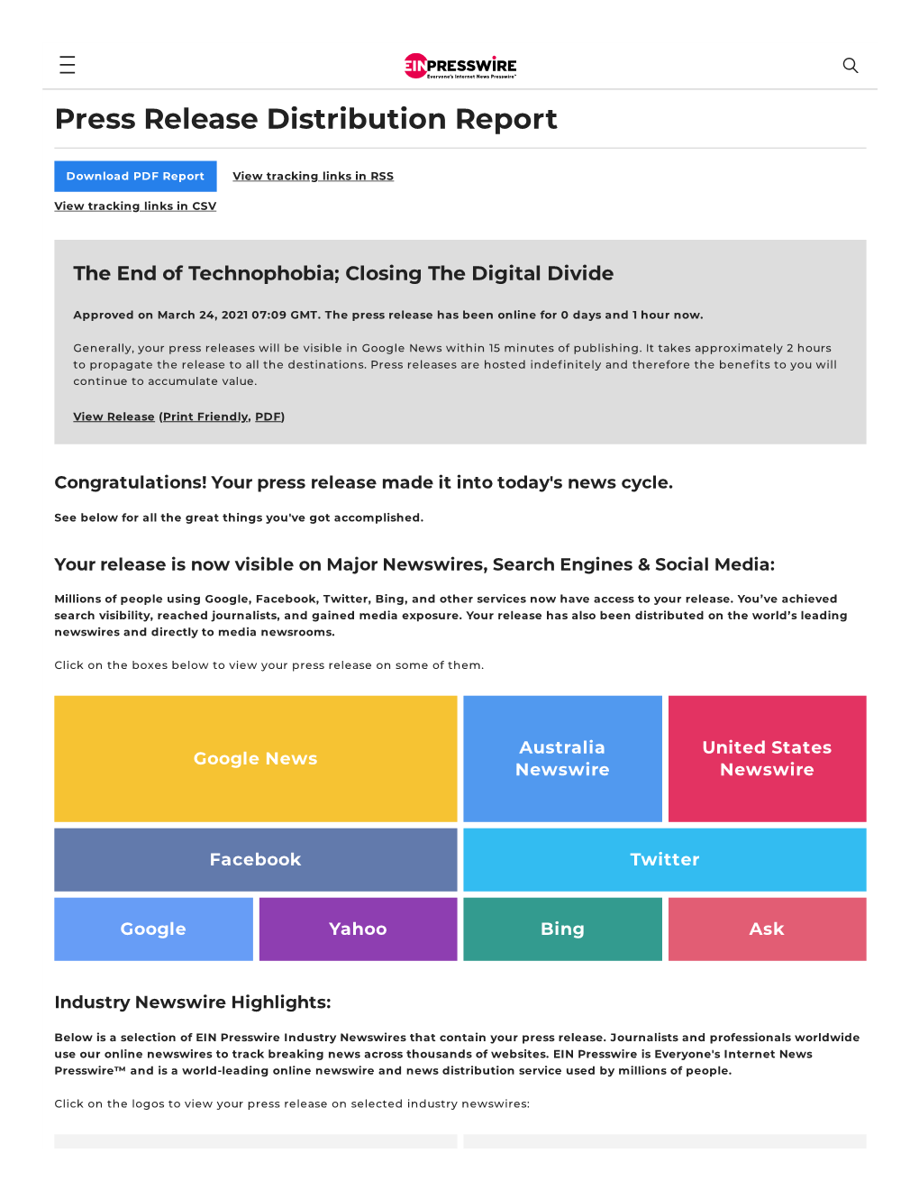 Press Release Distribution Report