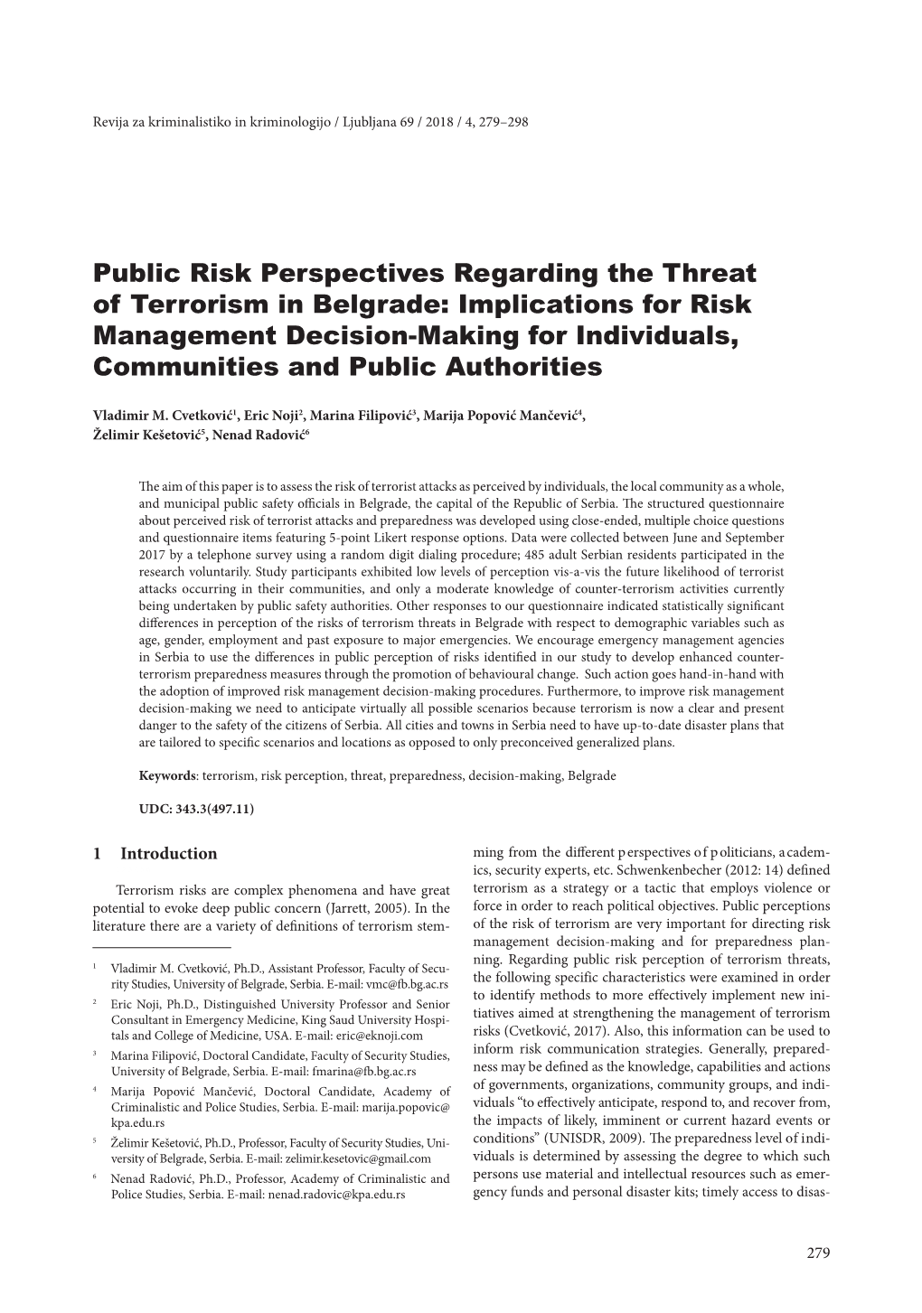 Public Risk Perspectives Regarding the Threat of Terrorism in Belgrade