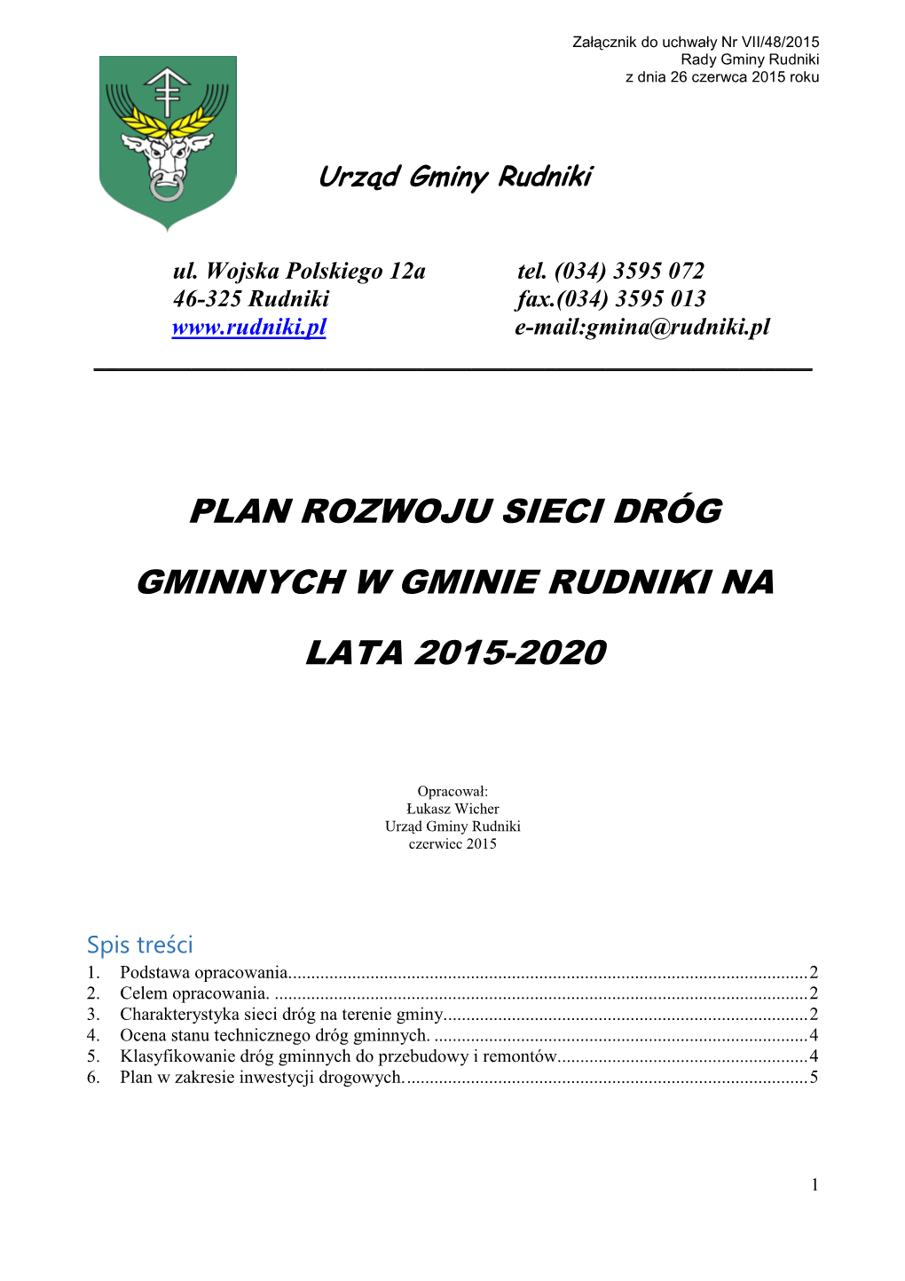 Plan Rozwoju Sieci Dróg Gminnych 2015-2020