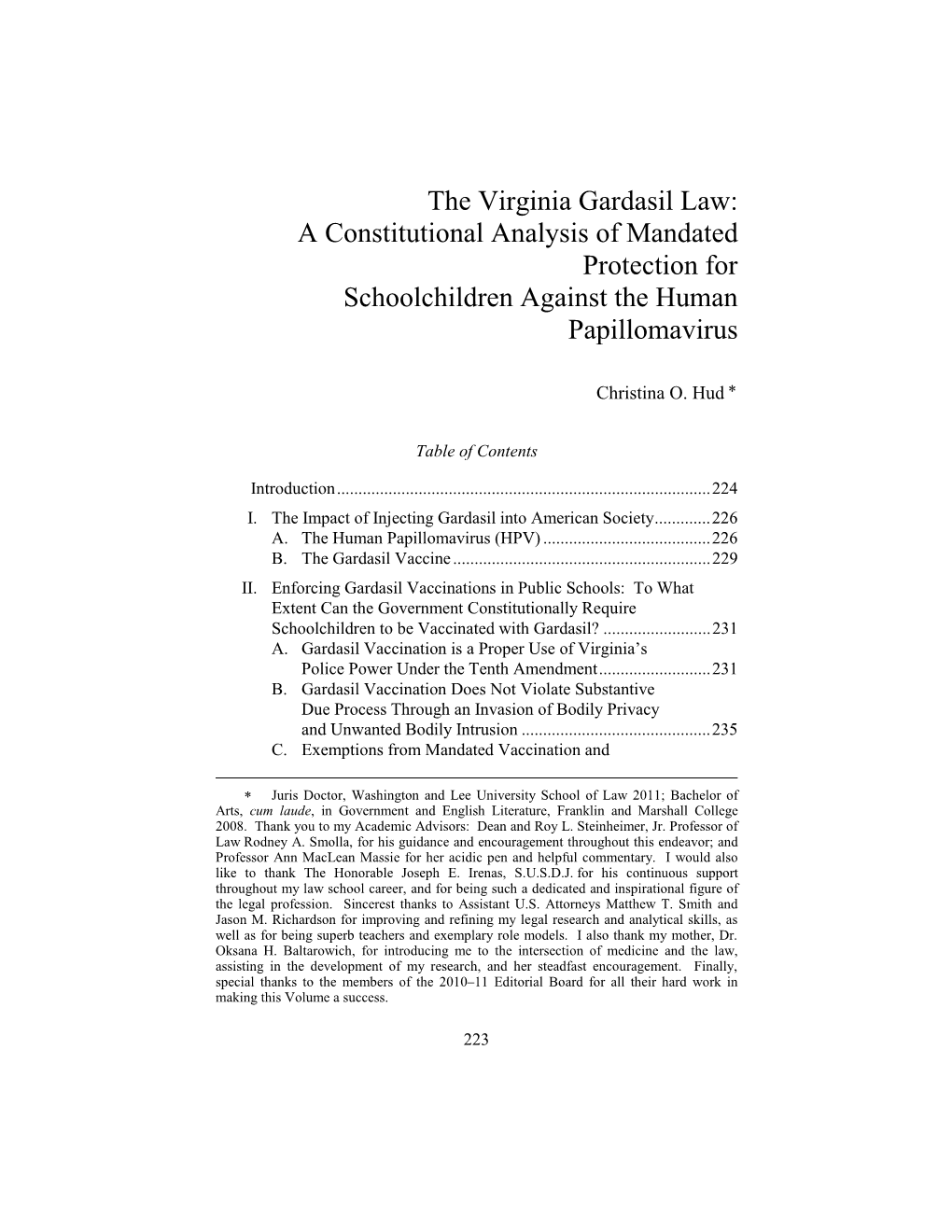 The Virginia Gardasil Law: a Constitutional Analysis of Mandated Protection for Schoolchildren Against the Human Papillomavirus