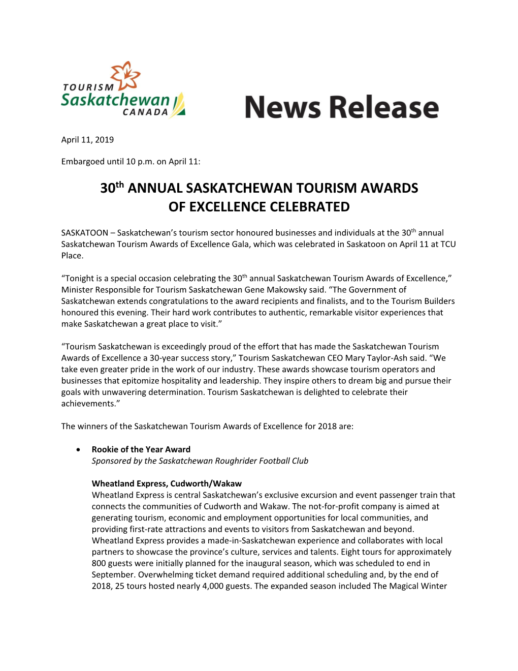 30Th ANNUAL SASKATCHEWAN TOURISM AWARDS of EXCELLENCE CELEBRATED