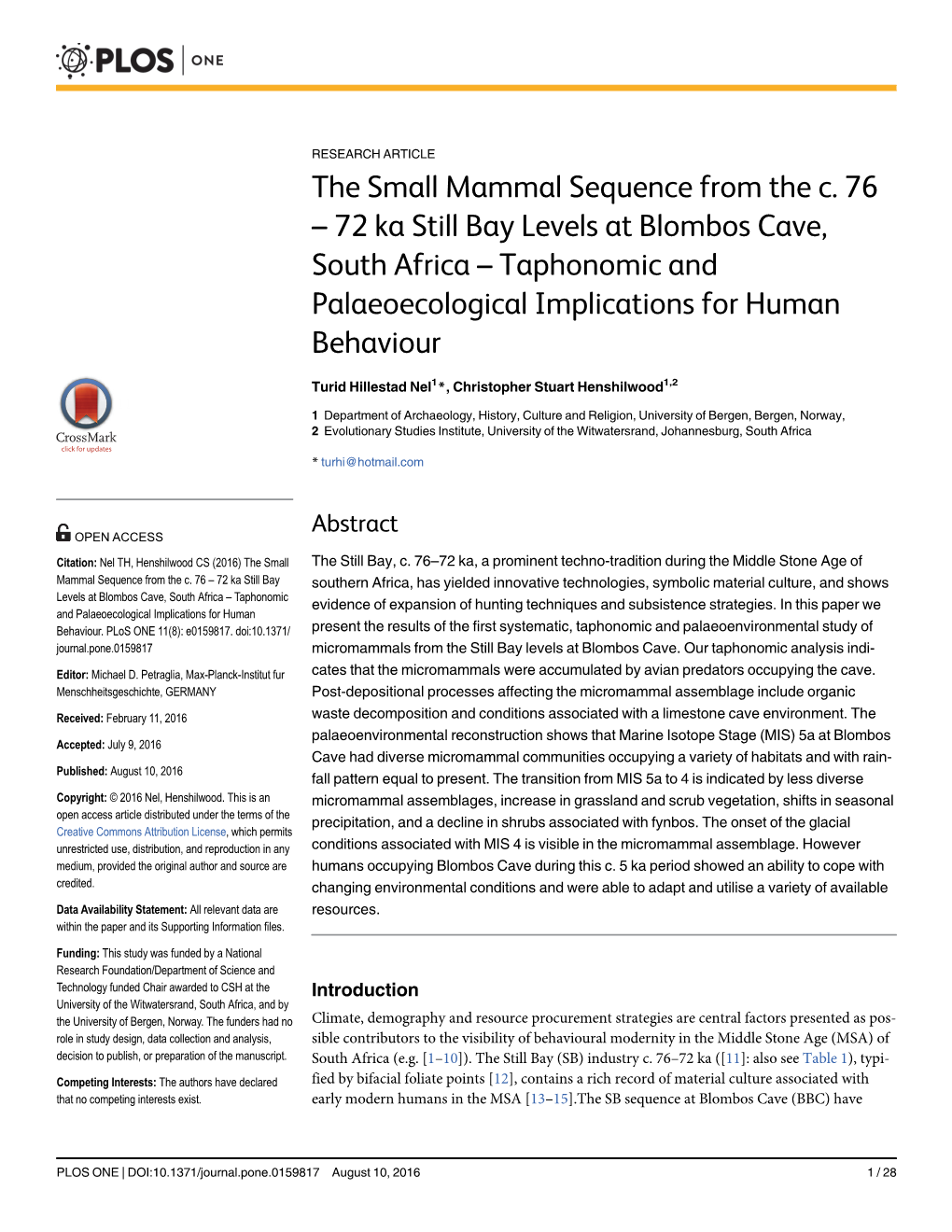 72 Ka Still Bay Levels at Blombos Cave, South Africa – Taphonomic and Palaeoecological Implications for Human Behaviour