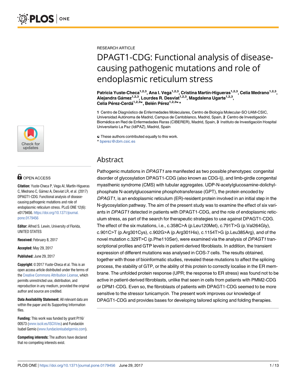 DPAGT1-CDG: Functional Analysis of Disease- Causing Pathogenic Mutations and Role of Endoplasmic Reticulum Stress