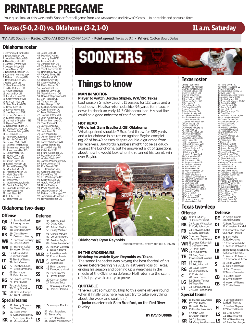 PRINTABLE PREGAME Your Quick Look at This Weekend’S Sooner Football Game from the Oklahoman and Newsok.Com —­ in Printable and Portable Form