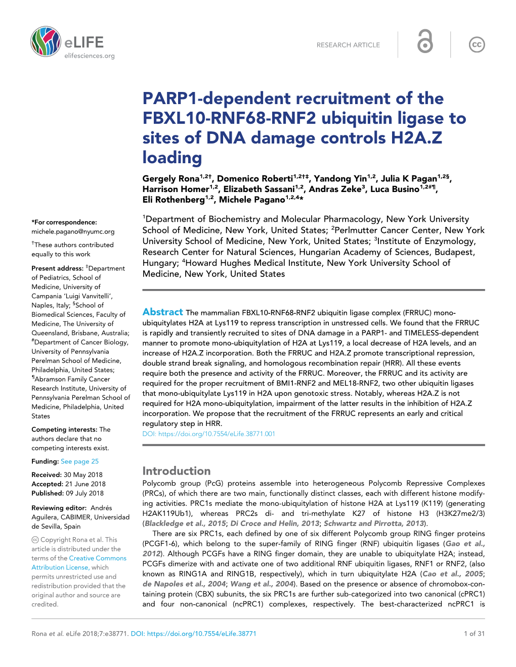 PARP1-Dependent Recruitment of the FBXL10-RNF68-RNF2
