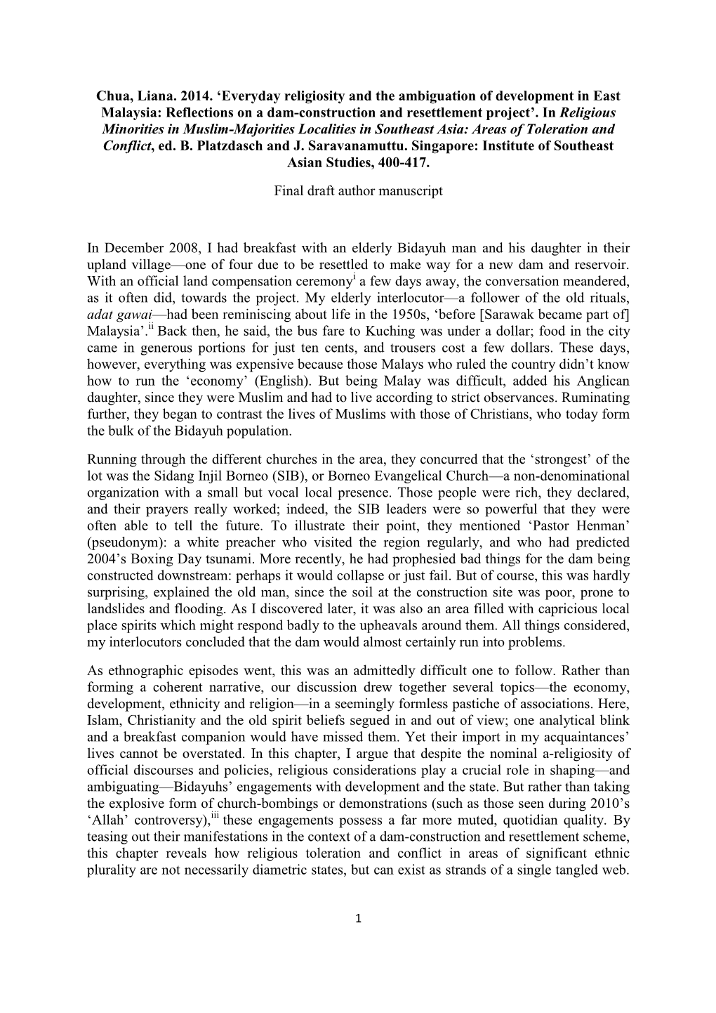 Everyday Religiosity and the Ambiguation of Development in East Malaysia: Reflections on a Dam-Construction and Resettlement Project’