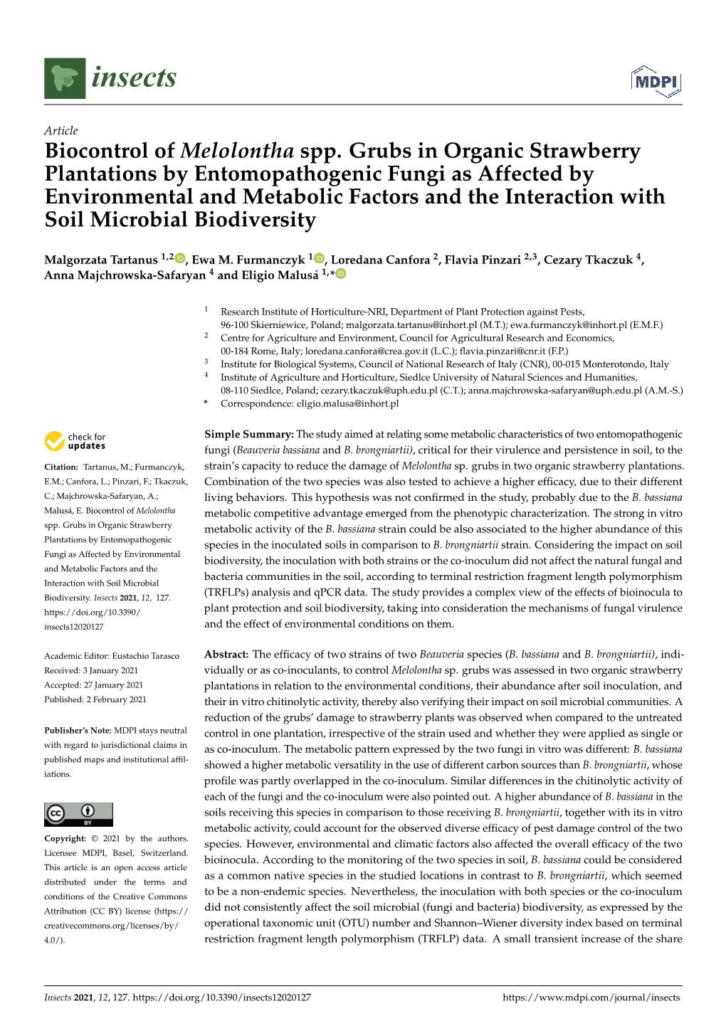 Biocontrol of Melolontha Spp. Grubs in Organic Strawberry Plantations By