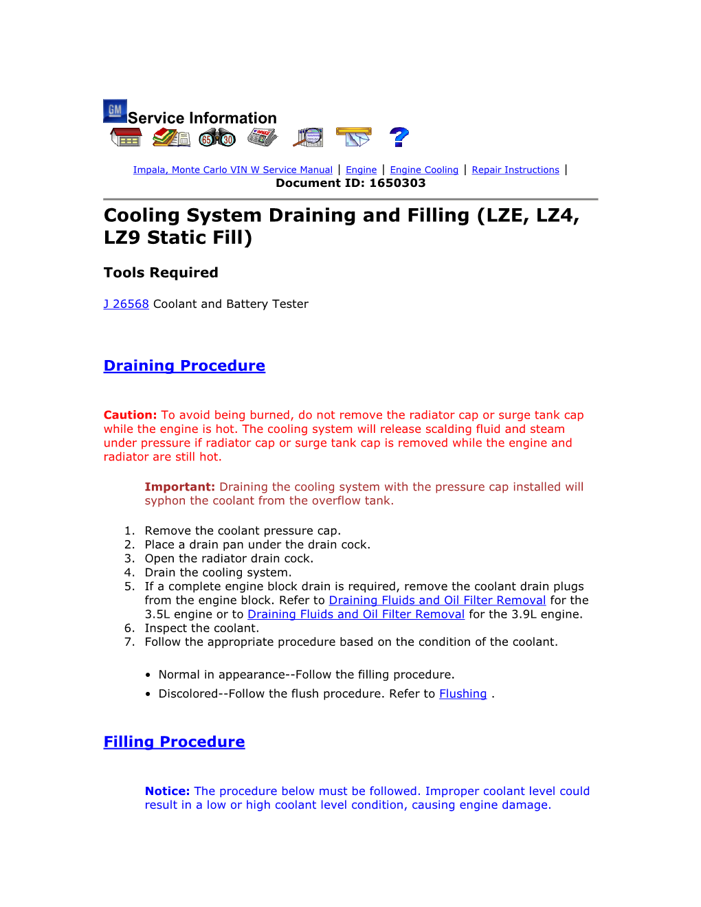 Cooling System Draining and Filling (LZE, LZ4, LZ9 Static Fill)