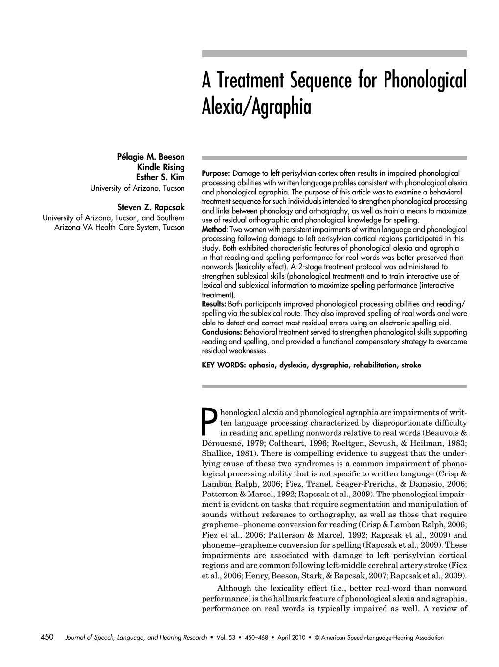 A Treatment Sequence for Phonological Alexia/Agraphia