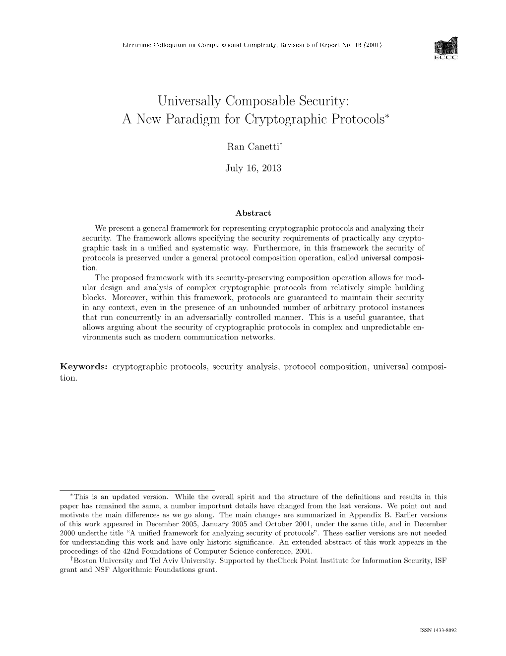 Universally Composable Security: a New Paradigm for Cryptographic Protocols∗