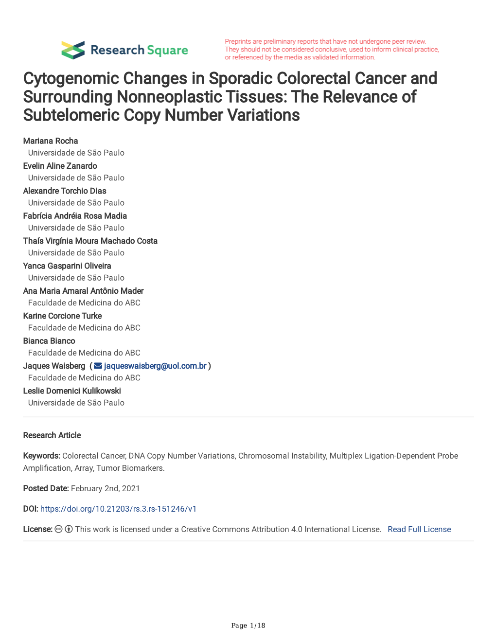 Cytogenomic Changes in Sporadic Colorectal Cancer and Surrounding Nonneoplastic Tissues: the Relevance of Subtelomeric Copy Number Variations