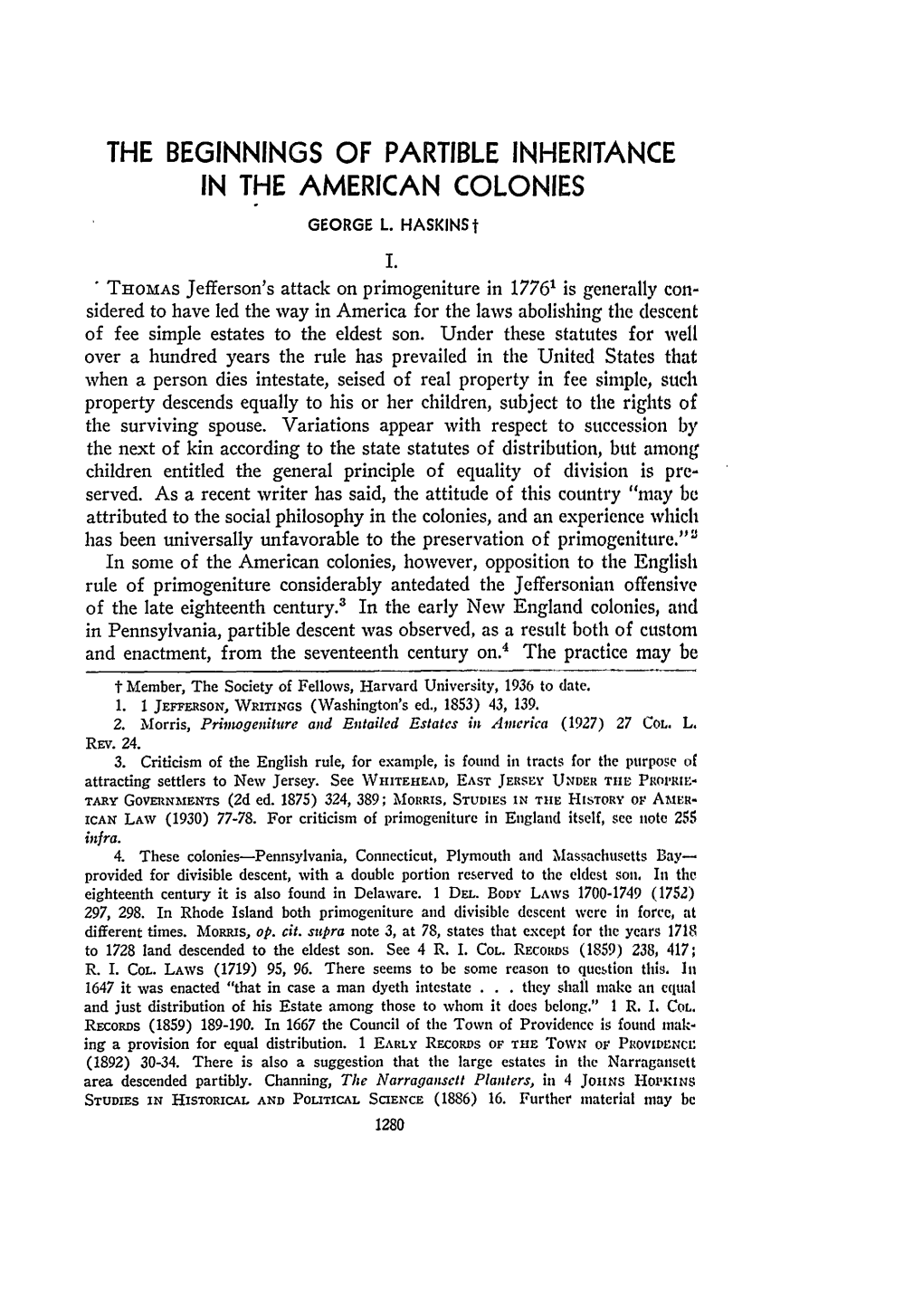 The Beginnings of Partible Inheritance in the American Colonies George L