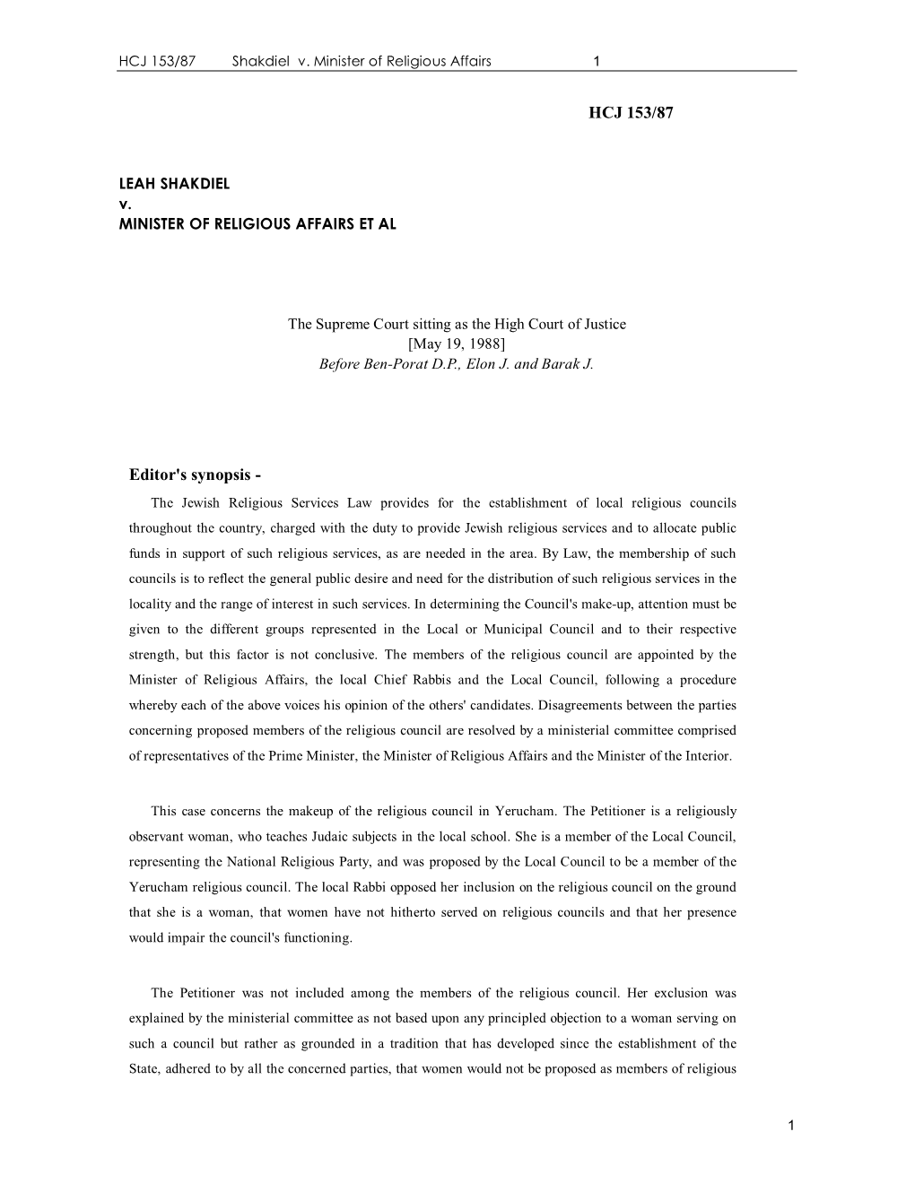 Shakdiel V. Minister of Religious Affairs.Pdf