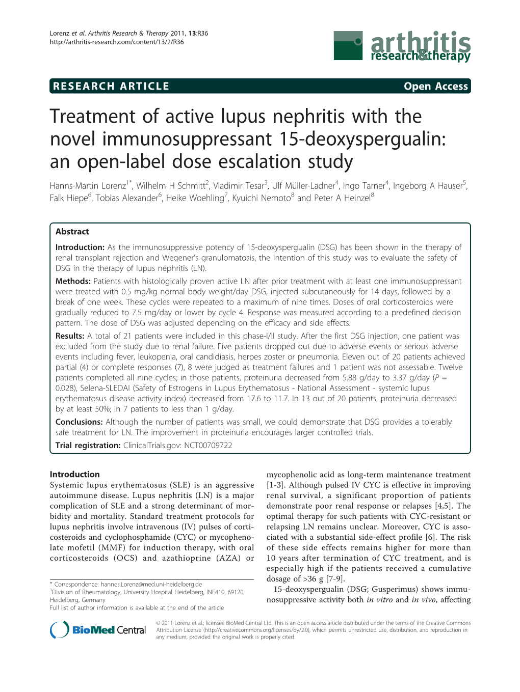 Treatment of Active Lupus Nephritis with the Novel Immunosuppressant 15-Deoxyspergualin: an Open-Label Dose Escalation Study