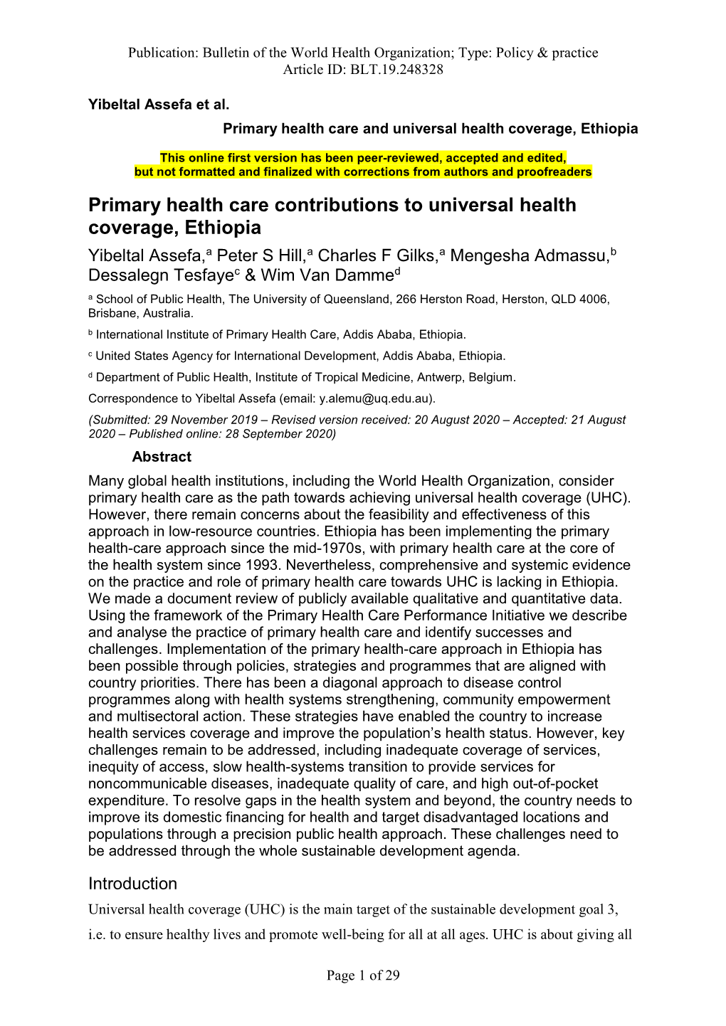 Primary Health Care Contributions to Universal Health Coverage, Ethiopia