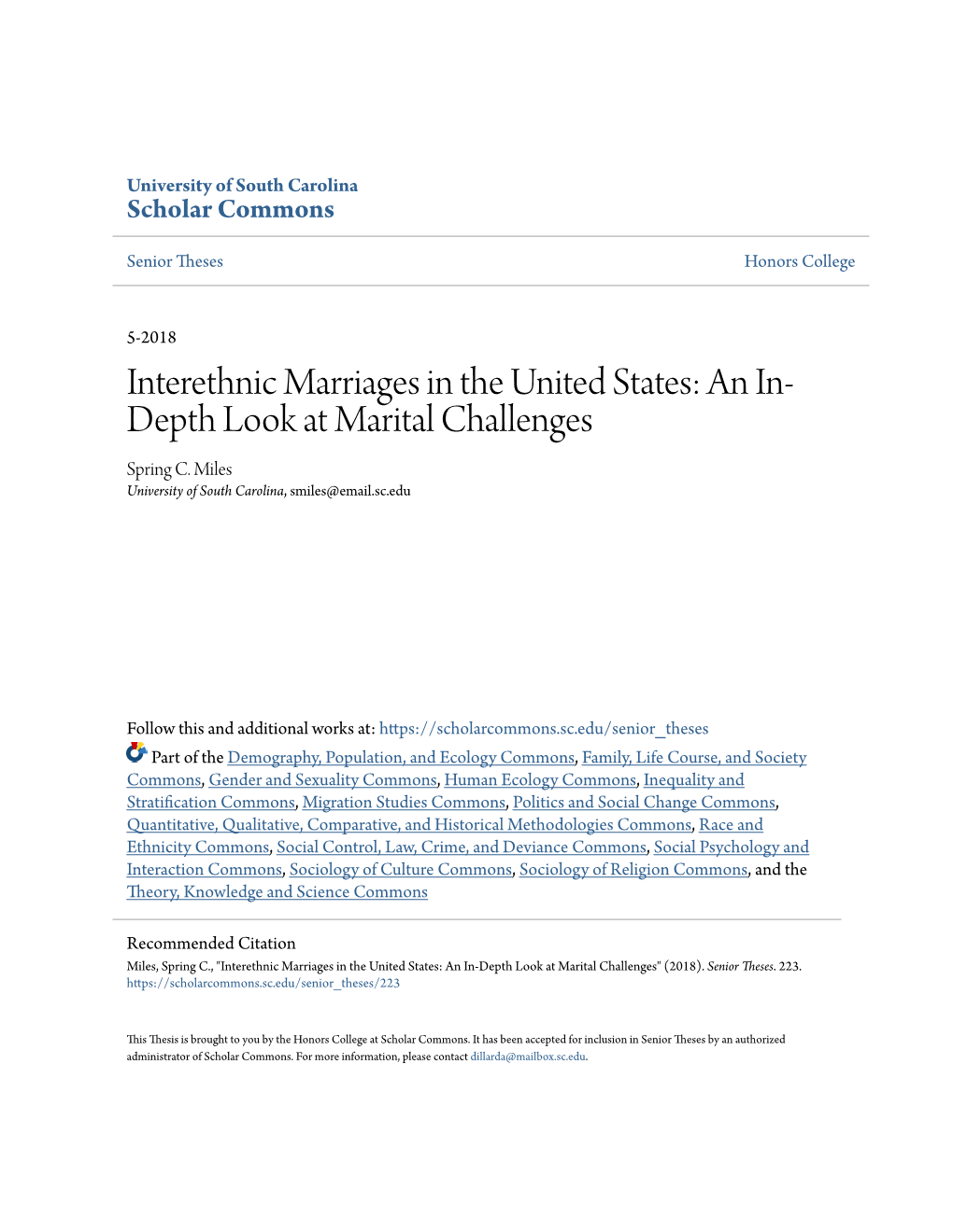 Interethnic Marriages in the United States: an In- Depth Look at Marital Challenges Spring C