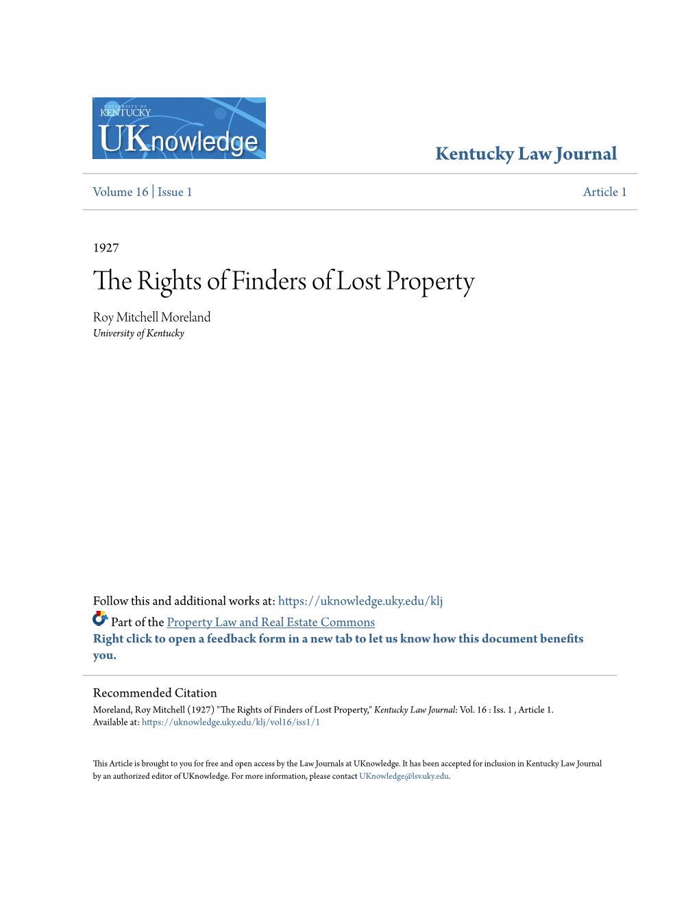 The Rights of Finders of Lost Property Roy Mitchell Moreland University of Kentucky