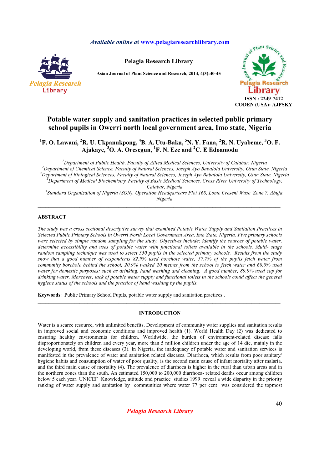 Potable Water Supply and Sanitation Practices in Selected Public Primary School Pupils in Owerri North Local Government Area, Imo State, Nigeria