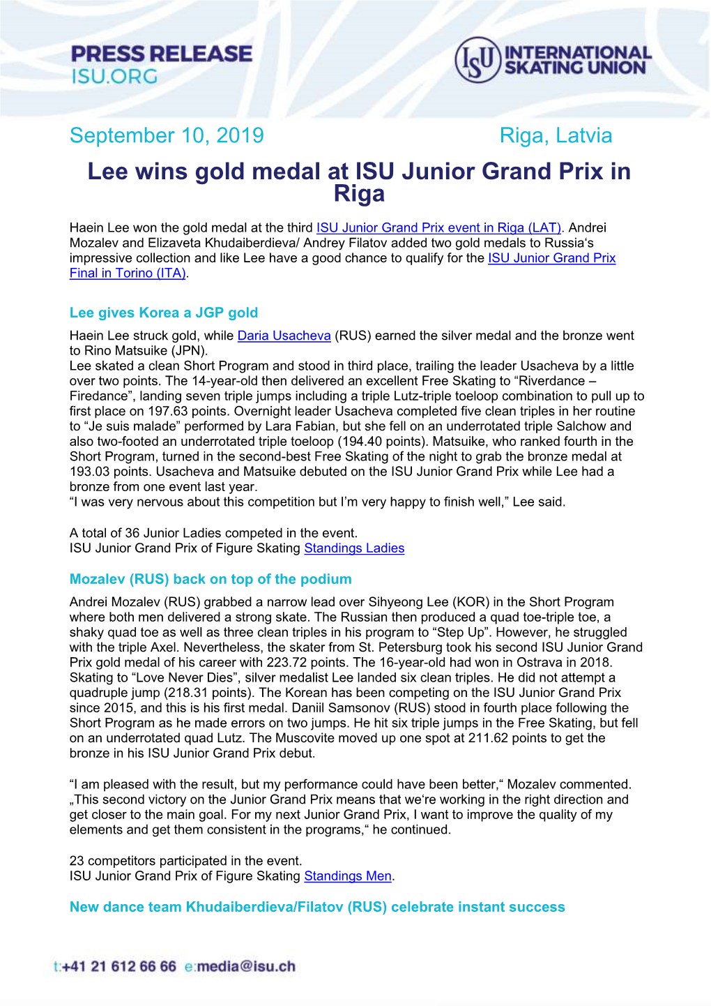 Lee Wins Gold Medal at ISU Junior Grand Prix in Riga