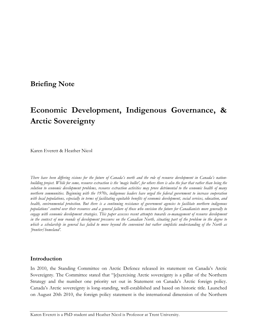 Economic Development, Indigenous Governance, & Arctic Sovereignty