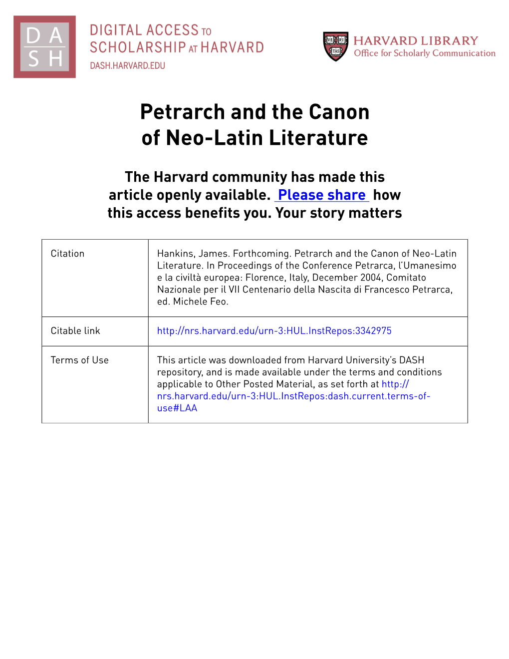 Petrarch and the Canon of Neo-Latin Literature