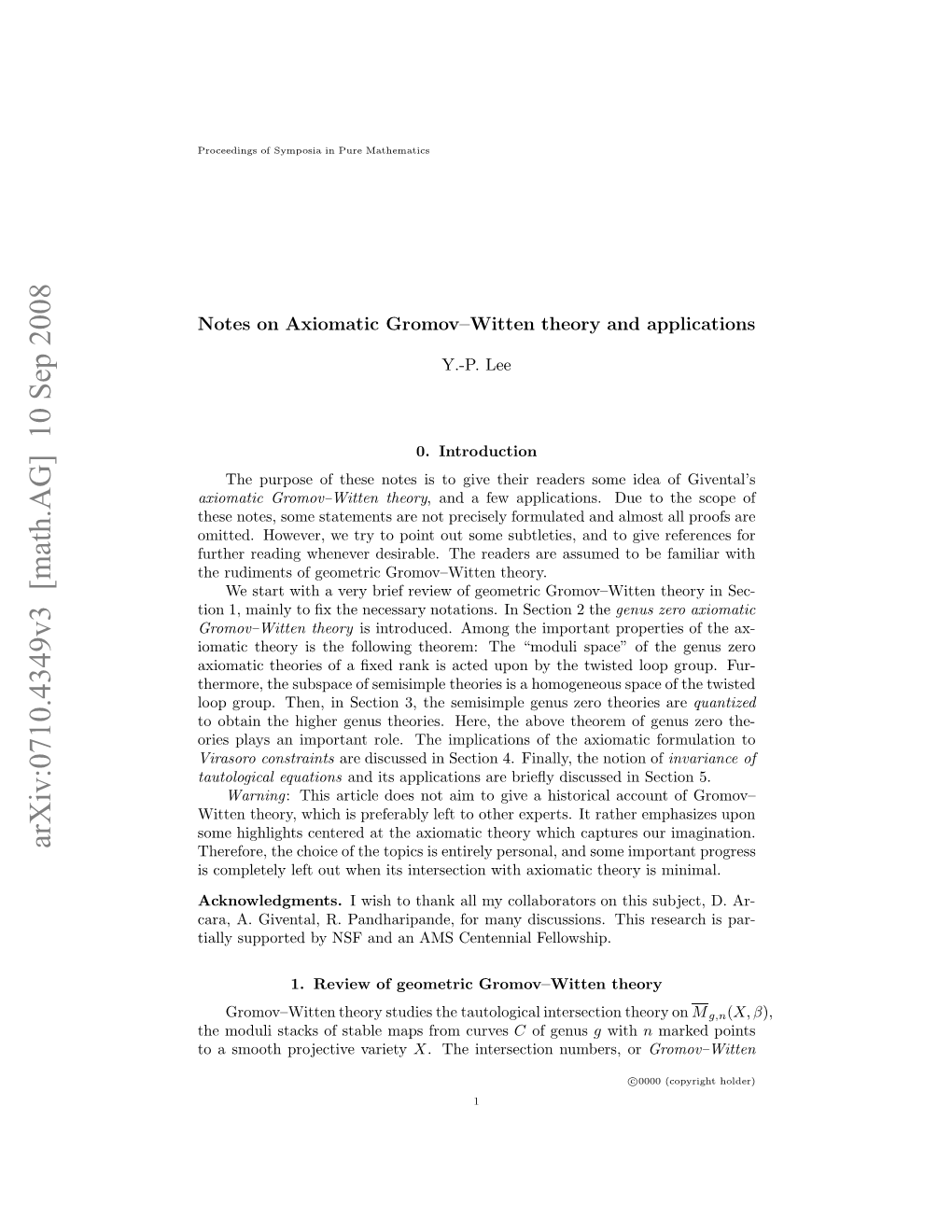 Arxiv:0710.4349V3 [Math.AG] 10 Sep 2008 Ilyspotdb S N Nascnena Fellowship