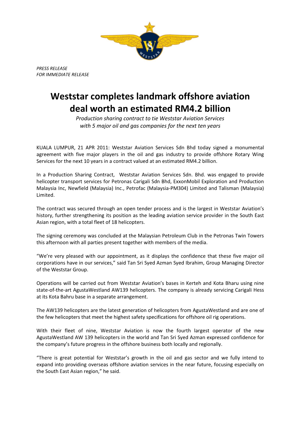 Weststar Completes Historic Offshore Aviation Deal