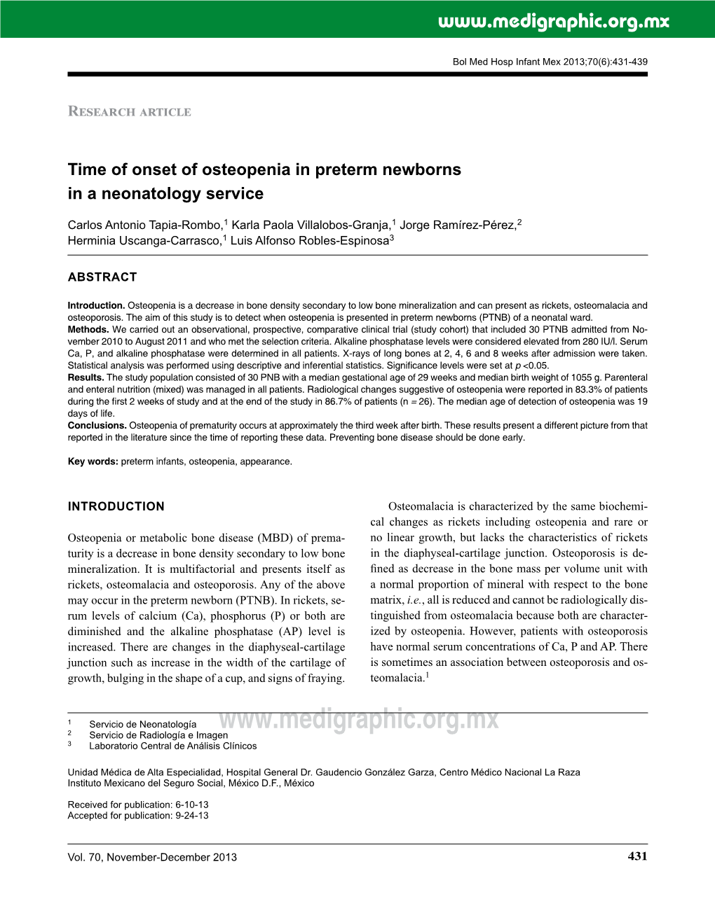 Time of Onset of Osteopenia in Preterm Newborns in a Neonatology Service