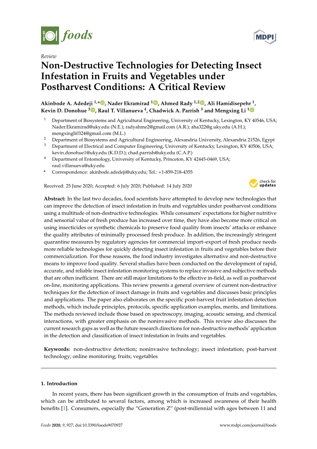 Non-Destructive Technologies for Detecting Insect Infestation in Fruits and Vegetables Under Postharvest Conditions: a Critical Review